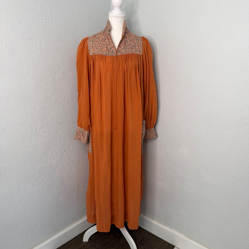 Vintage 1970s Prairie Hostess‎ Caftan Rust Orange Floral Yoke Boho Cottagecore